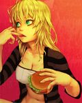  bad_id bad_pixiv_id bags_under_eyes blonde_hair breasts cleavage eating face finger_in_mouth finger_licking food green_eyes hamburger hands large_breasts licking lips lipstick long_hair makeup midriff mustard_seeds navel open_clothes open_shirt original shirt solo strapless striped tubetop yuuji_(and) 
