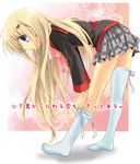  ali_(maidoari) blonde_hair blue_eyes dressing little_busters! long_hair noumi_kudryavka plaid plaid_skirt school_uniform skirt solo thighhighs white_legwear 