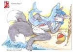  anthro beach canine collar cum erection fennec fennec_(artist) fox inflatable inflatable_toy male mammal masturbation multiple_tails penetration penis seaside shutaro solo tail 