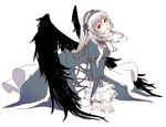  all_fours bad_id bad_pixiv_id dress flower frills hairband long_hair purple_flower purple_rose red_eyes rose rozen_maiden silver_hair simple_background solo suigintou wings yuki_(wankosoba) 