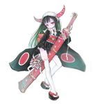  black_hair hair_ornament horns japanese_clothes long_hair mashiko_hiromi mask mouth_hold original red_eyes sandals solo sword thighhighs weapon white_legwear 