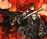  armor bad_id bad_pixiv_id barding brown_hair cape fire gloves green_eyes horse horseback_riding knight male_focus original riding smoke solo sword weapon welkin 