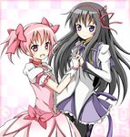  akemi_homura black_hair gloves kaname_madoka karamoneeze long_hair mahou_shoujo_madoka_magica multiple_girls pantyhose pink_eyes pink_hair purple_eyes short_hair twintails 