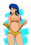  80s blue_eyes blue_hair blush breasts dirty_pair earrings gloves jewelry long_hair medium_breasts navel nipples oldschool partially_visible_vulva renko_(gayosiz) single_glove solo undressing wedgie yuri_(dirty_pair) 