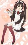  black_hair blush bow brown_eyes food fork fruit hair_bow hair_ribbon k-on! karuha long_hair maid maid_headdress nakano_azusa open_mouth pantyhose ribbon solo strawberry tray twintails 