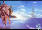  animal_ears ass barefoot castle day headphones huge_weapon letterboxed long_hair megastructure paku panties pink_hair pixiv_fantasia pixiv_fantasia_5 ponytail skirt skirt_lift sky solo tank_top underwear wading water weapon 