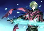  bad_id bad_pixiv_id belt blonde_hair fingerless_gloves gloves glowing green_eyes makoto_(truechild) male_focus radiant_historia scarf solo stocke sword weapon 