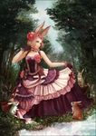  animal_ears bad_id bad_pixiv_id blonde_hair blue_eyes bunny bunny_ears dress flower forest frills gloves highres nature original reflection short_hair skirt_hold solo suda_ayaka water 