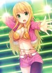  belly_chain blonde_hair breasts green_eyes hoshii_miki idolmaster idolmaster_(classic) jewelry large_breasts long_hair open_mouth pantyhose pink_diamond_765 shorts siva_(executor) solo 