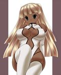  1girl artist_request blonde_hair blush breasts cleavage cleavage_cutout comae_koga dark_skin detached_sleeves frown ganguro green_eyes large_breasts long_hair looking_down navel original solo thighhighs white_legwear white_thighhighs 