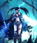  alternate_costume armor bad_id bad_pixiv_id bare_shoulders belt black_hair black_rock_shooter black_rock_shooter_(character) blue blue_eyes boots burning_eye cape chain electricity frostmourne glowing glowing_eyes knee_boots long_hair midriff navel scar shorts solo sword thigh_strap torn_cape twintails warcraft weapon zhuxiao517 