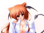  :o animal_ears bat_wings blush breasts cat_ears cleavage demon_tail fang head_wings highres kemonomimi_mode koakuma large_breasts long_hair midoriiro_no_shinzou open_clothes open_mouth open_shirt paw_pose red_eyes red_hair shirt sleeves_past_wrists solo tail touhou wings 