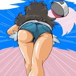  ass baseball_cap bent_over black_hair cloud crossed_legs denim denim_shorts exposed_pocket facing_away from_behind hat hat_removed headwear_removed kneepits long_hair lowres motion_lines oekaki outdoors pokemon pokemon_(game) pokemon_bw rf short_shorts shorts sky solo speed_lines standing touko_(pokemon) 