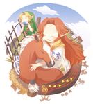  1girl bad_id bad_pixiv_id blonde_hair bosutafu brown_hair closed_eyes epona horse hug link long_hair malon pointy_ears scarf smile the_legend_of_zelda the_legend_of_zelda:_ocarina_of_time 