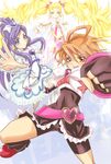  ahoge bad_id bad_pixiv_id bag belt blonde_hair boots bow brown_eyes brown_hair clenched_hand copyright_name cure_black cure_white dress earrings eyelashes foreshortening futari_wa_precure futari_wa_precure_max_heart grey_eyes hair_ribbon half_updo handbag heart highres jewelry knee_boots kojikoji kujou_hikari long_hair magical_girl misumi_nagisa multiple_girls open_mouth pauldrons ponytail precure purple_eyes purple_hair ribbon serious shiny_luminous short_hair shorts sidelocks twintails yukishiro_honoka 