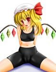  bad_id bad_pixiv_id bike_shorts blonde_hair cameltoe fang flandre_scarlet hat highres midriff navel panties red_eyes side_ponytail sitting solo sports_bra spread_legs tera_hiroshi touhou underwear wet wet_clothes wet_panties wings 