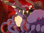  1girl all_the_way_through game_cg hat monster purple_eyes red_hair tamiya_akito tentacle thighhighs torn_clothes witch_hat zanjibaru 