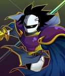  armor belt black_hair cape gloves image_sample kirby_(series) knight male_focus mask md5_mismatch meta_knight nintendo panman pants pauldrons personification pixiv_sample solo spiked_hair sword weapon yellow_eyes 