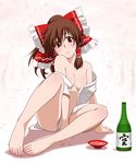  alcohol bare_legs bare_shoulders barefoot between_legs between_thighs blush bottle bottomless bow breasts brown_eyes brown_hair censored cherry_blossoms cleavage commentary_request convenient_censoring covering covering_crotch cup dress_shirt face feet hair_bow hair_tubes hakurei_reimu hand_between_legs hayashi_custom legs medium_breasts naked_shirt no_bra off_shoulder open_clothes open_shirt sakazuki sake shirt sitting solo toenails toes touhou white_shirt 