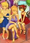  :&lt; animal_ears blonde_hair braid breasts brown_hair cat_ears cat_tail chair chen choker cleavage closed_fan collar contemporary crossed_legs dress evening_gown fan flower folding_fan formal fox_ears fox_tail hairband hat hat_removed headwear_removed high_heels highres jewelry kibougou large_breasts legs long_hair multiple_girls necklace pigeon-toed red_eyes sandals shoes short_hair sitting smile table tail thighs touhou yakumo_ran yakumo_yukari yellow_eyes 