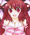  bad_id bad_pixiv_id bare_shoulders bra breasts cleavage fang fujisaki_kaon koakuma large_breasts lingerie long_hair open_mouth pink_bra red_eyes red_hair shikishi smile solo striped striped_legwear thighhighs touhou traditional_media underwear underwear_only very_long_hair 