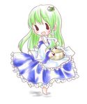  apron bad_id bad_pixiv_id blush chibi detached_sleeves frog green_hair hair_ornament kochiya_sanae kuromame_(8gou) long_hair pot smile snake solo touhou 