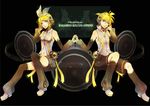  1girl absurdres bad_id bad_pixiv_id bare_shoulders bass_clef blonde_hair blue_eyes brother_and_sister character_name colored_eyelashes detached_sleeves eyelashes fingerless_gloves gloves hair_ornament hair_ribbon hairclip headphones highres holding_hands kagamine_len kagamine_len_(append) kagamine_rin kagamine_rin_(append) navel ribbon senano-yu short_hair shorts siblings treble_clef twins vocaloid vocaloid_append 