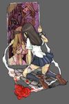  bandages blood copyright_request cuffs kiss kneeling lowres mirror multiple_girls neoko school_uniform yuri 