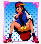  90's 90s baseball_cap basketball bishoujo_senshi_sailor_moon boots card hand_on_face hand_on_own_face hat hino_rei jacket kazu. official_art sad sailor_mars shoes shorts sitting sneakers spread_legs tsurime 