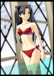  arm arms bare_shoulders bikini black_hair blue_eyes breasts cleavage fate/stay_night fate_(series) female hair_ribbon legs long_hair midriff navel reflection ribbon sky smile solo strapless strapless_bikini strapless_swimsuit swimsuit tohsaka_rin twintails water window 