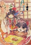  ascot bad_id bad_pixiv_id bow brown_hair cherry_blossoms cup detached_sleeves eating food hair_bow hair_ornament hakurei_reimu laolaolao5 open_mouth pillow signature sliding_doors solo teacup teapot touhou watermark yukkuri_shiteitte_ne 