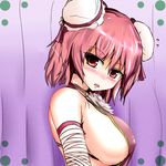  bad_id bad_pixiv_id bandages bare_shoulders blush breasts bun_cover double_bun ibaraki_kasen ikeruga large_breasts naked_tabard pink_eyes pink_hair short_hair sideboob solo tabard touhou upper_body 