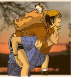  1girl backpack bag blonde_hair blush brown_hair calvin calvin_&amp;_hobbes carrying collaboration_request colorized couple hetero hobbes nami86 older piggyback plaid short_hair smile spiked_hair stuffed_animal stuffed_toy susie_derkins 