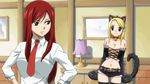  2girls :) animal_ears bare_shoulders bell belt blonde_hair blush breasts brown_eyes cap cat_ears cat_girl cat_tail catgirl cleavage erza_scarlet fairy_tail gloves hands_on_hips hotpants lamp large_breasts long_hair lucy_heartfilia midriff navel no_bra red_hair shirt smile tail thighhighs tie 