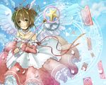  bare_shoulders brown_hair card cardcaptor_sakura detached_sleeves dress falling_card floating_card green_eyes head_wings highres hoshi_no_tsue kinomoto_sakura kuro-eri magic_circle magical_girl sakura_card short_hair solo twintails wand wings 