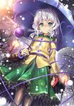  absurdres bare_tree black_legwear blue_eyes eyeball frills gathers hands heart heart_of_string highres kimitoshiin komeiji_koishi light_particles pantyhose revision short_hair silver_hair snow snowing solo staring third_eye touhou tree umbrella wavy_hair 