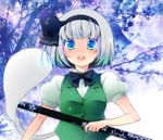  bad_id bad_pixiv_id black_hairband blue_eyes blush bob_cut full_moon ghost grey_hair hairband hitodama holding iwashita_(nukopo) konpaku_youmu konpaku_youmu_(ghost) moon open_mouth scabbard sheath short_hair silver_hair solo star sword touhou tree vest weapon 