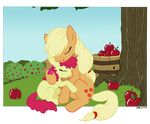  apple apple_bloom_(mlp) applebloom_(mlp) applejack_(mlp) blonde_hair bow bucket cub equine female feral freckles friendship_is_magic fruit fur hair hat horse hug love mammal my_little_pony outside pony red_hair riftryu sibling siblings sisters sky tan tree wood yellow_fur young 