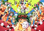  3103vv abstract commentary_request flower goggles goggles_on_head green_eyes green_hair gumi hair_flower hair_ornament heart highres juu_mensou_(vocaloid) mask multiple_persona short_hair tears translation_request unmoving_pattern vocaloid 