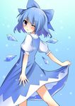  absurdres bad_id bad_pixiv_id blue_eyes blue_hair bow cirno hair_bow highres looking_back one_eye_closed sarekoube short_hair solo touhou wings 