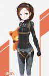  1girl ace_combat_7 blue_eyes bodysuit brown_hair character_request child flat_chest hairband harness holding_toy looking_at_viewer pilot_suit short_hair simple_background stuffed_animal stuffed_toy teddy_bear tom-neko_(zamudo_akiyuki) two-tone_background 