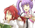  1girl book cropped_jacket cutting_hair fujimo_nao gradient_hair green_eyes luke_fon_fabre multicolored_hair orange_hair purple_eyes purple_hair reading red_hair scissors sophie_(tales) tales_of_(series) tales_of_graces tales_of_the_abyss twintails 