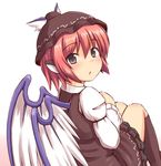  grey_eyes hat kneehighs looking_back mystia_lorelei phantom2071 pink_hair short_hair simple_background sitting solo touhou wings 