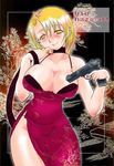  ada_wong ada_wong_(cosplay) ashley_graham big_breasts blonde_hair blush breasts choker cleavage cosplay dress female gun large_breasts naughty_face orange_eyes resident_evil resident_evil_4 short_hair solo toragura weapon yellow_eyes 