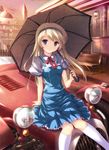  bench car dress ground_vehicle hairband kneehighs lamppost long_hair motor_vehicle on_vehicle original ryoumoto_ken sitting solo umbrella white_legwear 