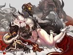  albino armor capelet daemonette demon_girl elbow_gloves eyebrow_piercing gloves heresy high_heels horns jeffr lying navel navel_piercing on_side piercing purity_seal red_eyes shiny shiny_skin shoes slaanesh slender_waist staff thighs warhammer_40k white_hair 