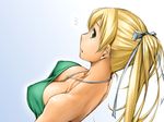  back bare_shoulders blonde_hair breasts cleavage collarbone covered_nipples downblouse from_above from_behind green_eyes jewelry large_breasts long_hair looking_back mt1 necklace original ponytail solo 