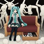  album_cover aqua_eyes aqua_hair couch cover detached_sleeves hatsune_miku headphones long_hair mannequin microphone necktie sitting skirt smile solo thighhighs twintails very_long_hair vocaloid yajirushi_(chanoma) 