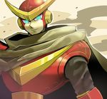  armor cloak dust glowing glowing_eyes green_eyes helmet lowres male_focus moyaro quickman robot rockman rockman_(classic) smile solo 