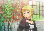  bad_id bad_pixiv_id blonde_hair blue_eyes brick_wall choker face flower gothic_lolita ivy lolita_fashion original plant ribbon sala short_hair smile solo 